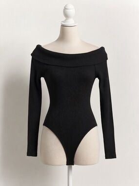 Fashion Nova Black Off-Shoulder Ribbed Bodysuit